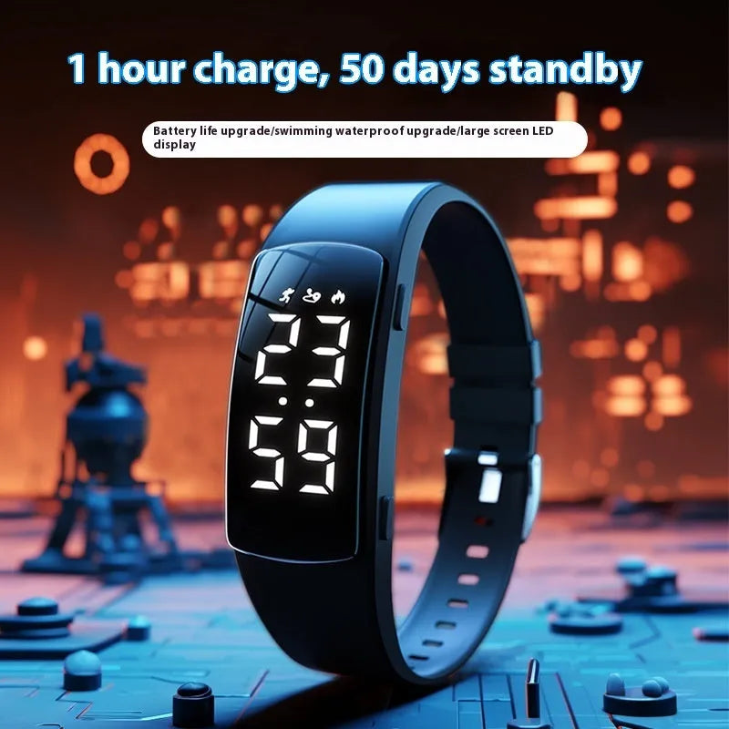 Vibration alarm clock watch with LED display and coloured silicone strap on a wrist.