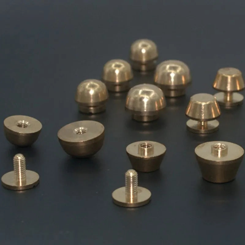 Brass decorative buckle foot nails in round and bucket styles measuring 10x6mm and 12x7mm