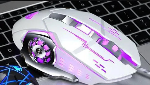 Wired gaming mouse with 1600dpi optical sensor, six buttons, USB cable, shown in black, blue, grey, and white