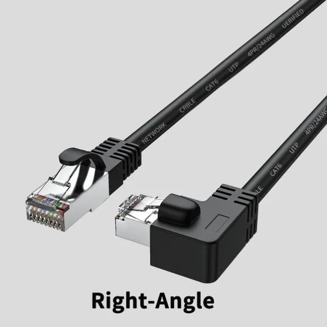 Cat6 Ethernet cable with a right-angle black RJ45 connector alongside cables in white, red, and yellow.