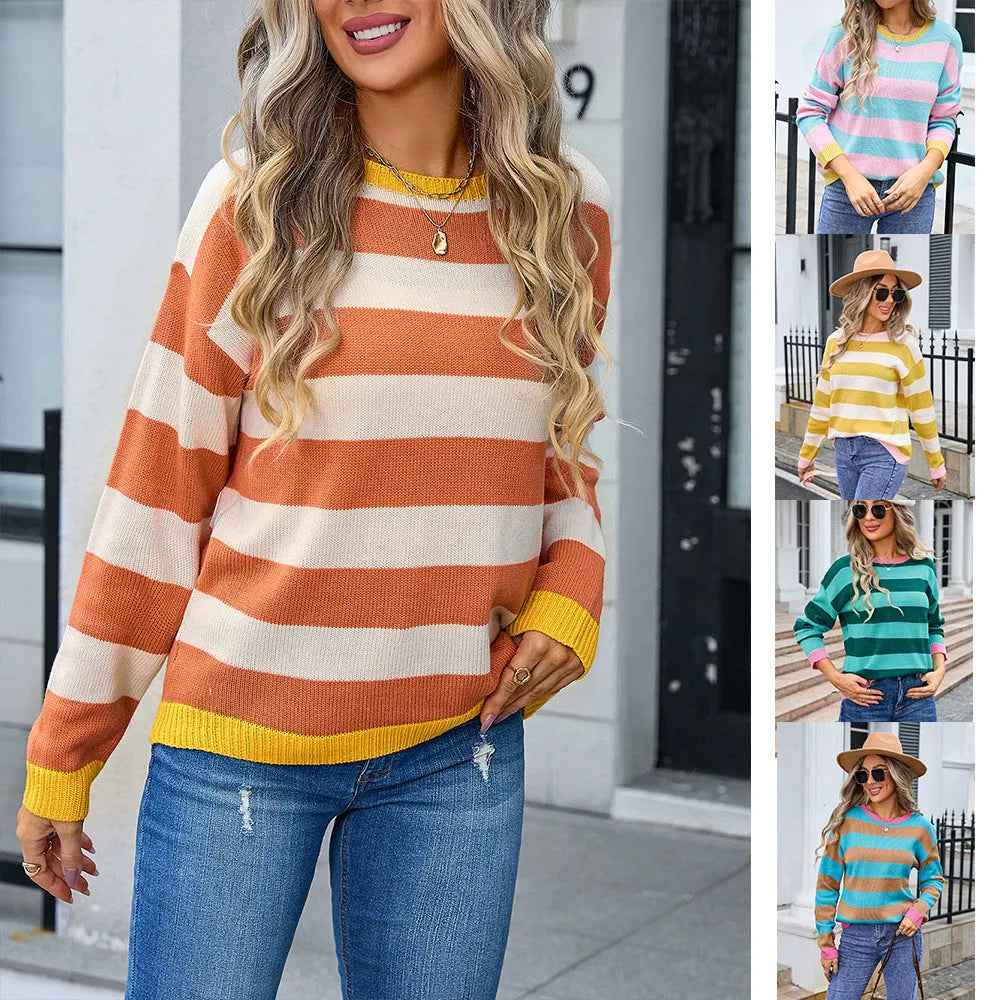 Women's loose fit long sleeve acrylic sweater in striped or plaid pattern