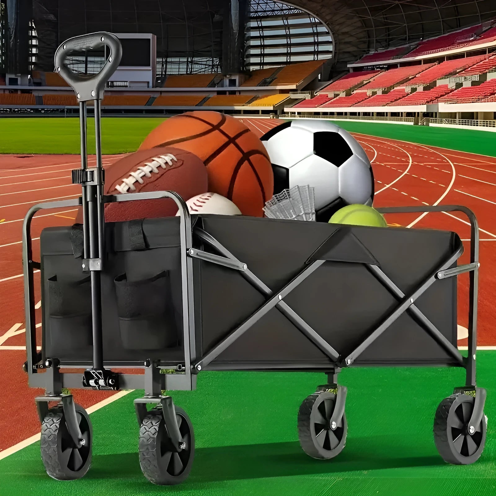 Collapsible metal garden wagon cart with attached storage box, shown folded and unfolded.