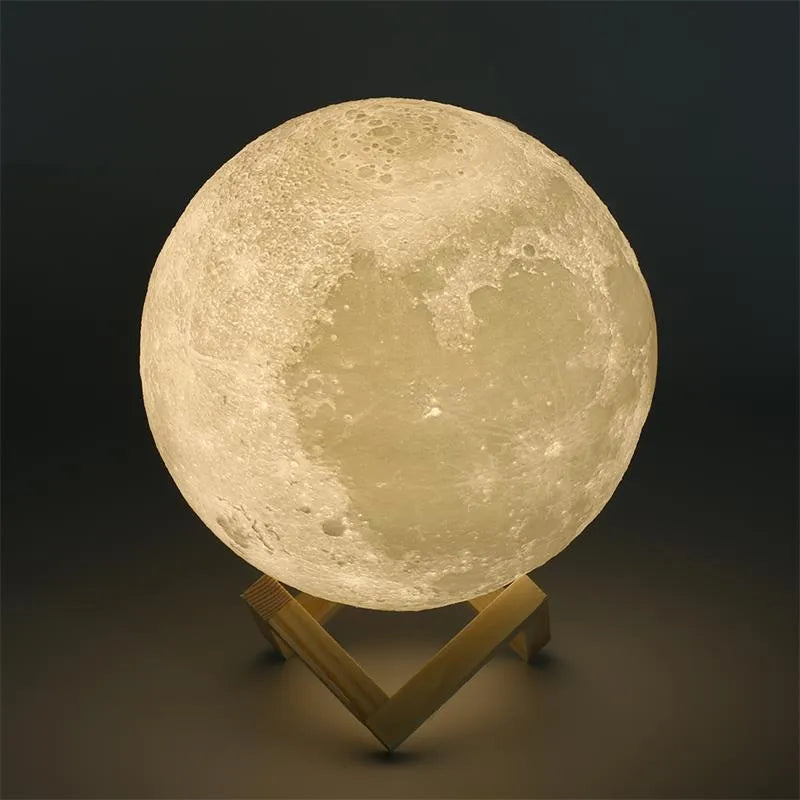 3D printed moon lamp showing detailed lunar surface with wood holder and touch control ring