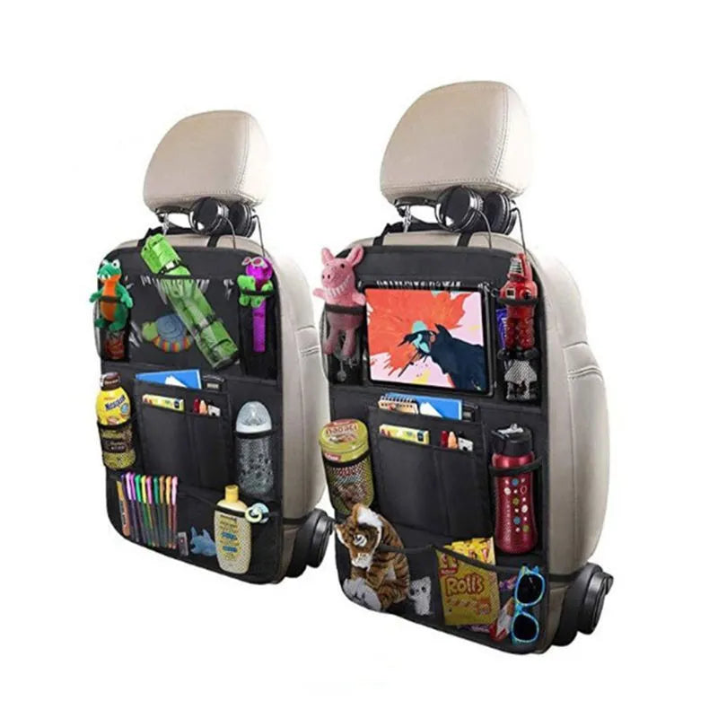 Car storage bag sewn from black Oxford fabric, 61 by 41 cm, fitted behind a car seat backrest