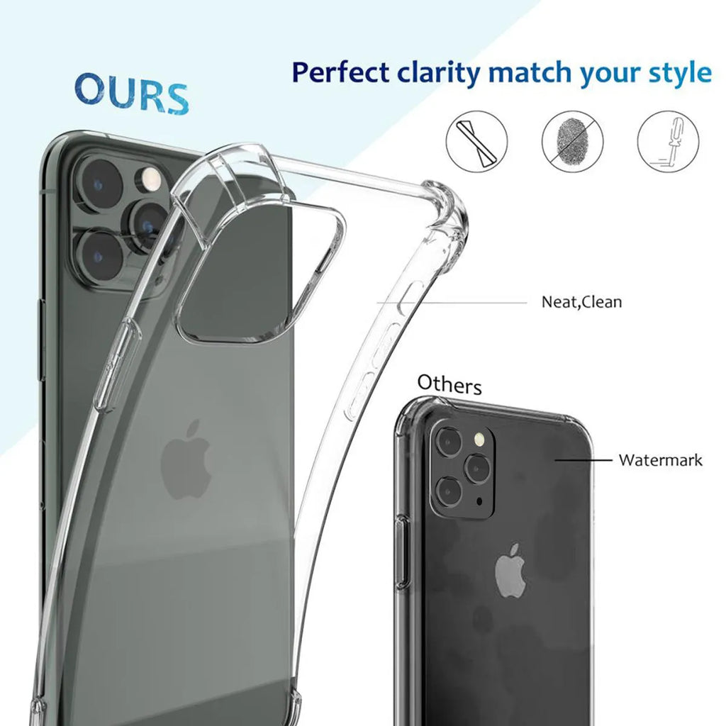 Transparent shockproof TPU phone case for Apple iPhone, shown on a table.