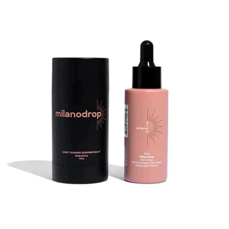 Matte tanning black liquid bottle and glitter cream tube for body care application.