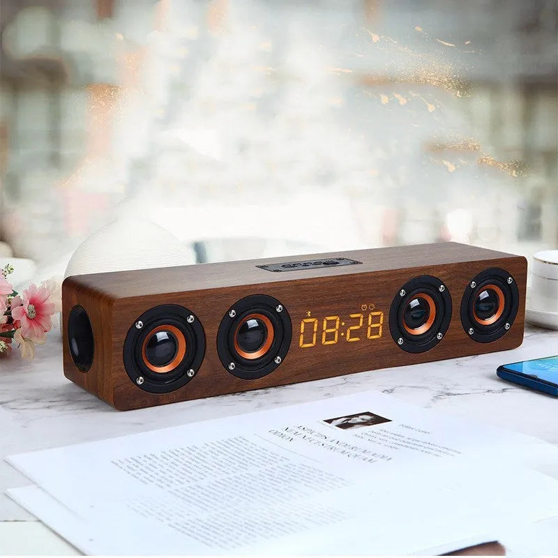 Sound Blaster long bar wooden four-speaker Bluetooth speaker in brown woodgrain finish with USB port and 380mm length