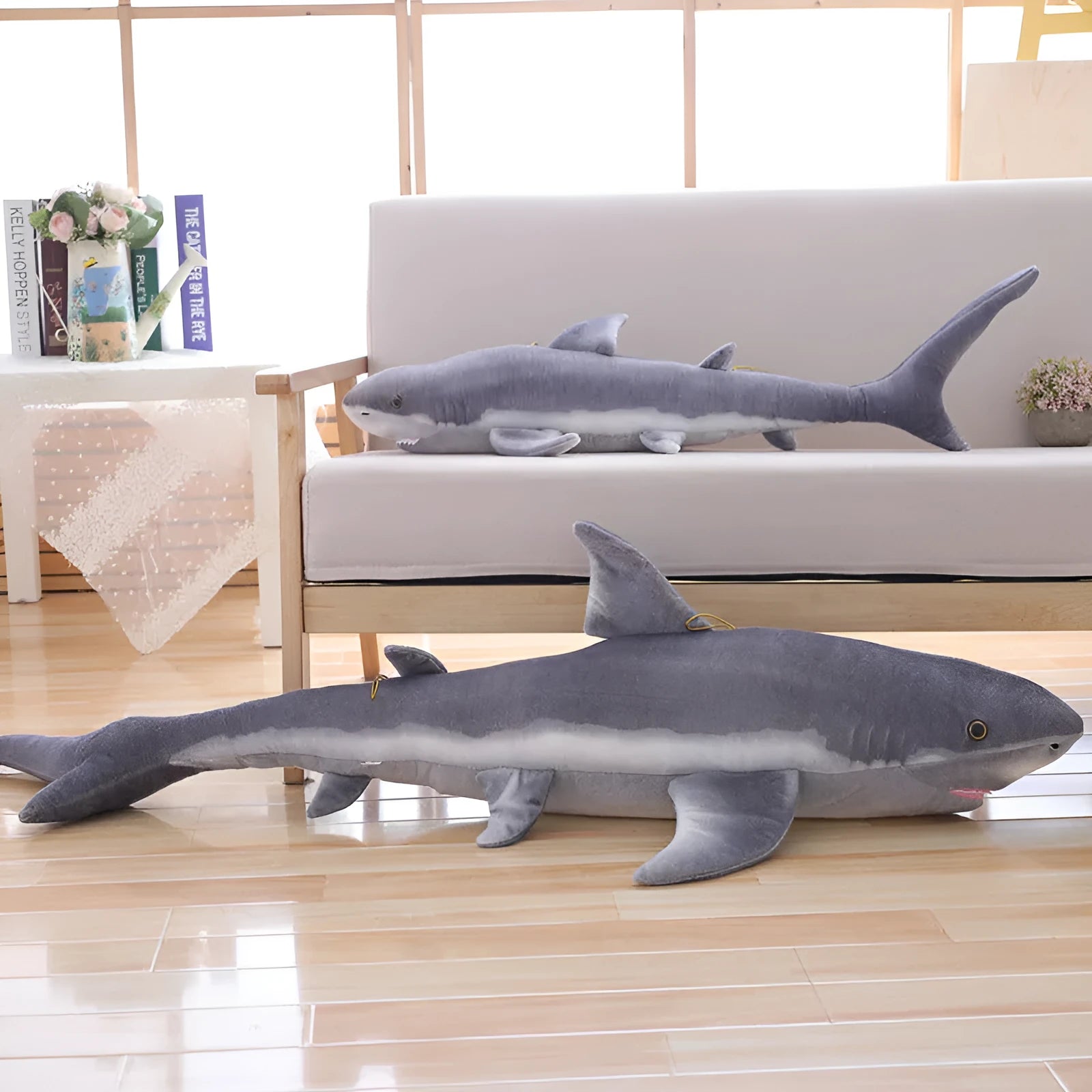 Simulation children's shark plush toy in 60cm height with realistic grey and white colouring