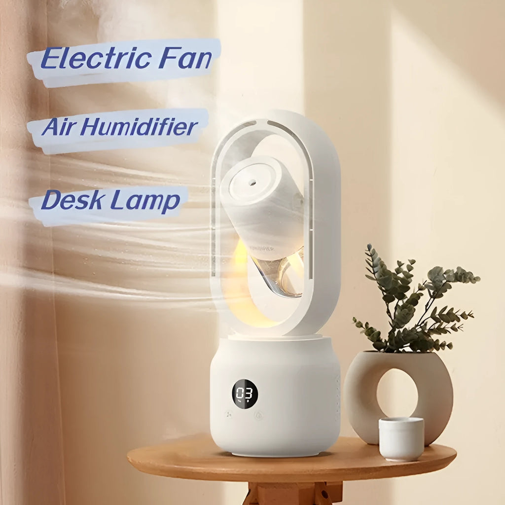 White bladeless table fan with humidifier tank on a wooden desk