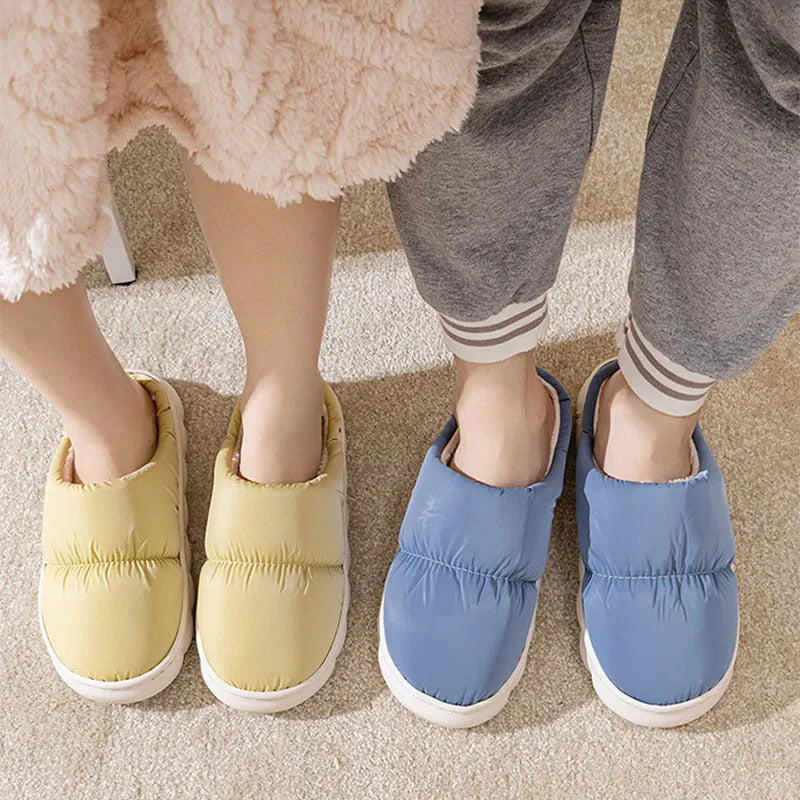 Blue down cotton slippers with artificial leather upper and thick rubber sole for indoor use