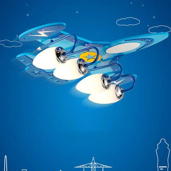 Children's cartoon airplane design LED ceiling light with glass shade and wood fitting.
