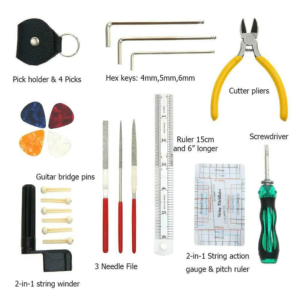 Black plastic case for a guitar repair tool kit, shown with dimensions 200mm by 100mm.