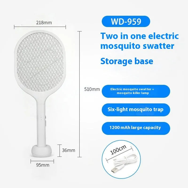 Rechargeable electric mosquito swatter with ABS plastic shell in two colour variants.