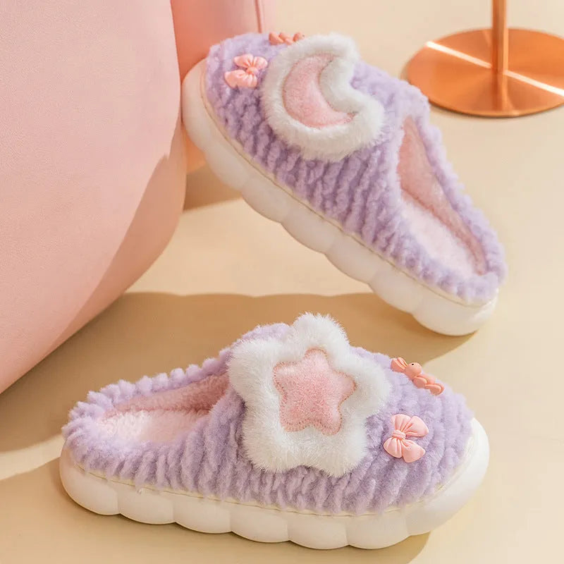 Women's light blue fleece-lined cotton slippers with cartoon animal pattern and plush upper