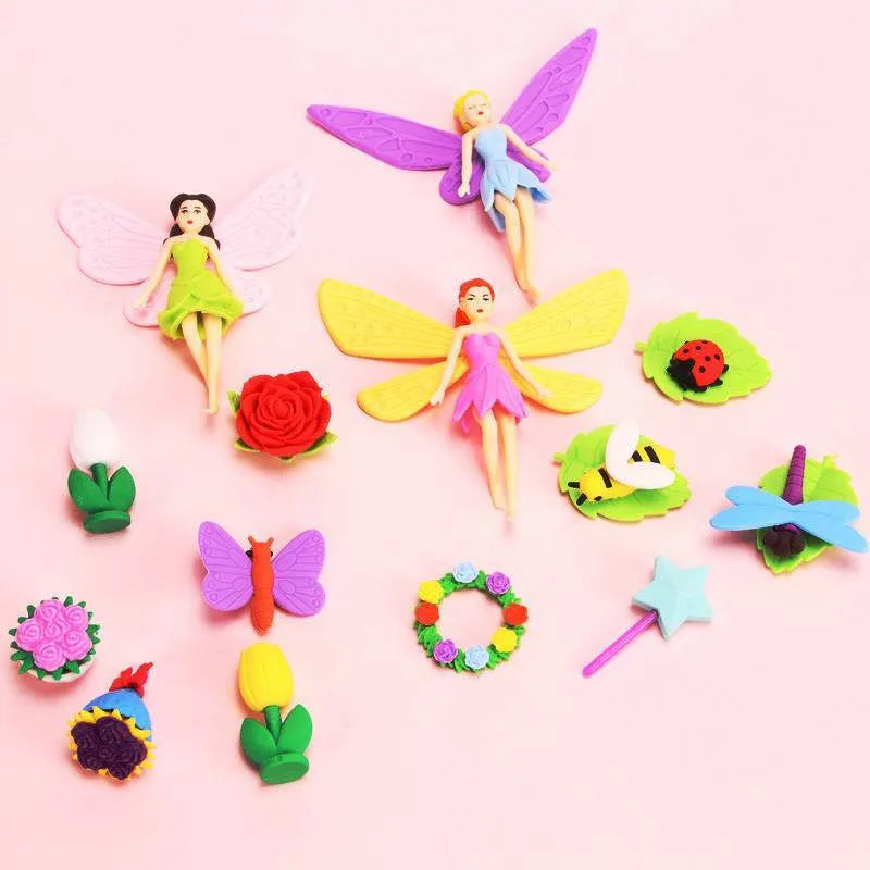 Flower Fairy and Mermaid themed TPR pencil eraser sets containing 12 pieces measuring 14cm by 13cm
