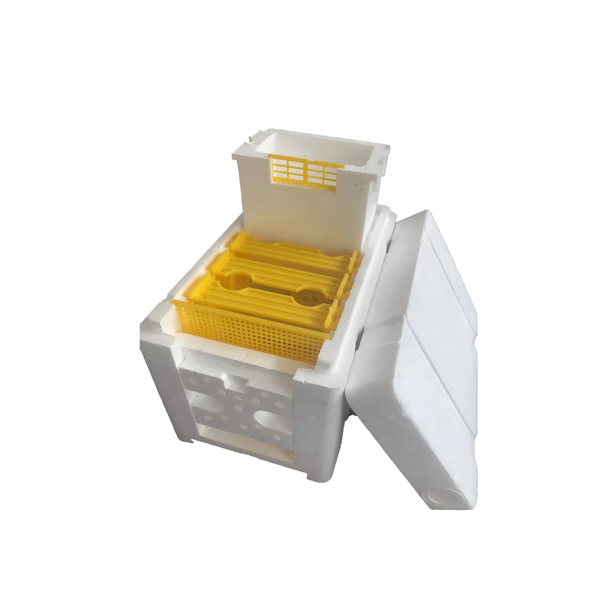 Three white EPS foam bee delivery boxes for beehive breeding and colony management.