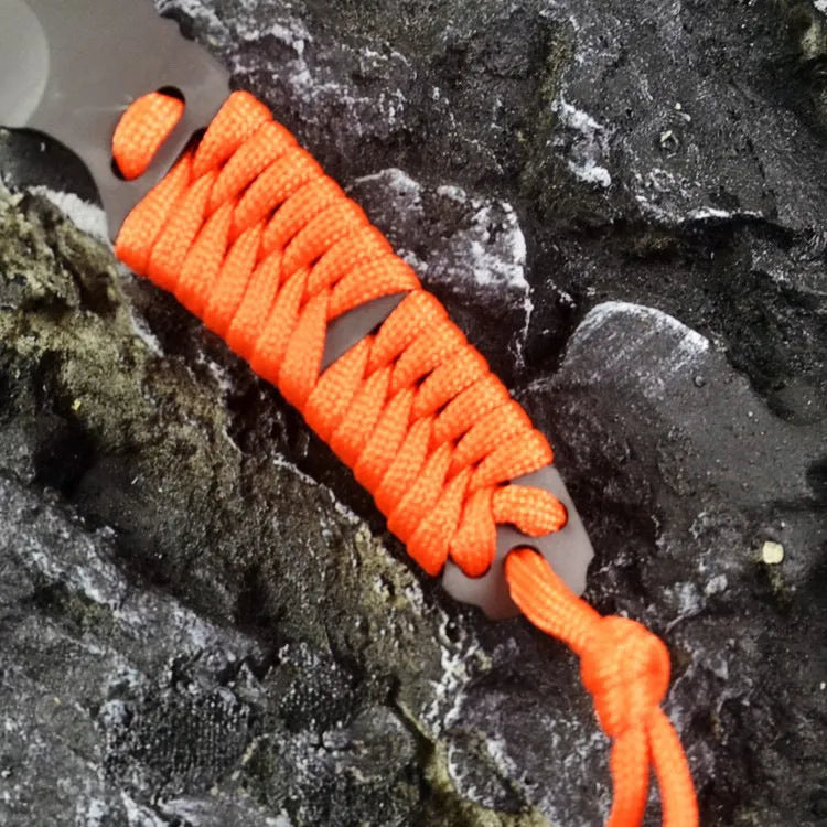 Straight blade camping knife with rope handle and ABS plastic sheath