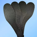 Pair of black 3K full palm carbon fibre running insoles for shock absorption, shown with size and thickness options.