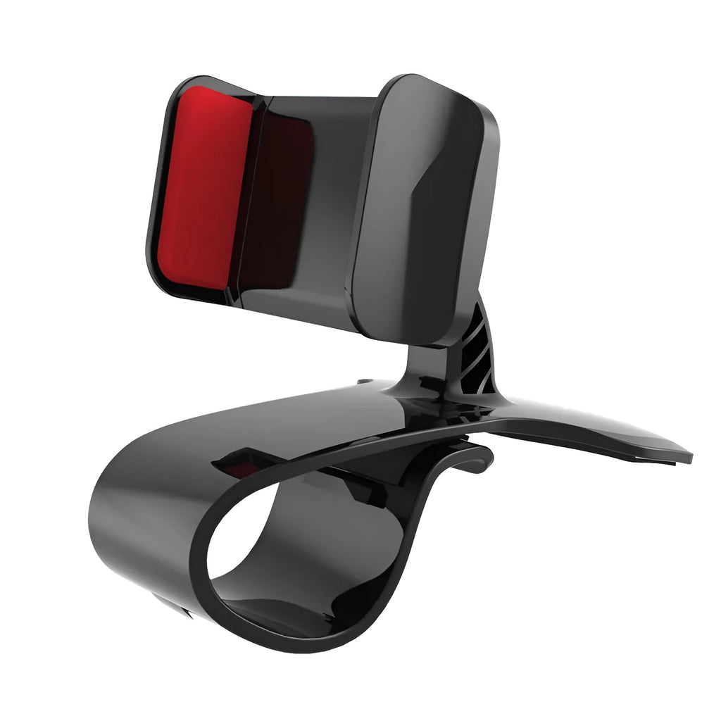 Black dashboard car phone holder mounted on a car dashboard edge, holding a smartphone.