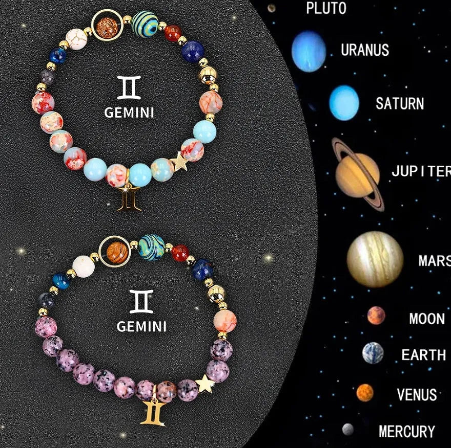 Set of twelve natural stone beaded bracelets, each showing a different zodiac sign design on an elastic cord.
