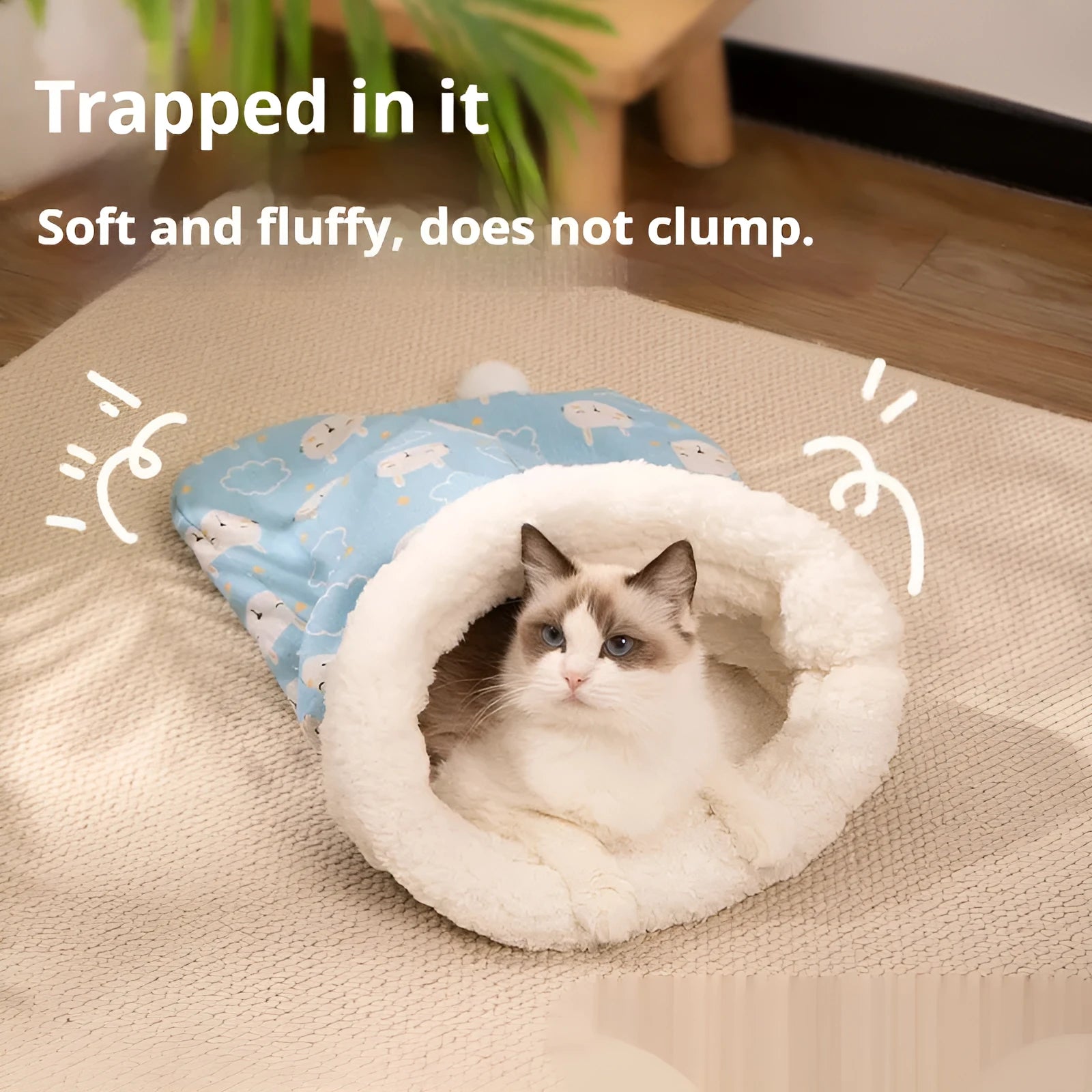 Blue rabbit print flannel cat sleeping bag nest pet bed measuring 50 by 40 centimetres