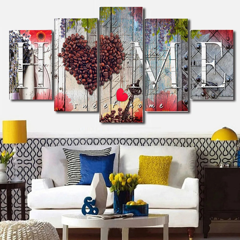 Set of five red unframed oil painting canvas panels in varying heights for wall display