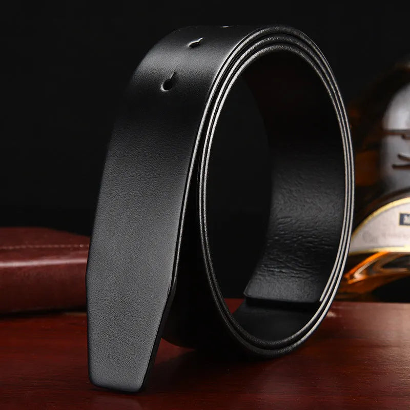 Men's headless buckle leather belt, first layer cowhide, 3.5cm wide, shown in black and coffee colour