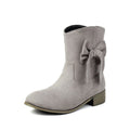 Low heel suede sweet bow casual boots for women, square heel, round toe, available in multiple colours