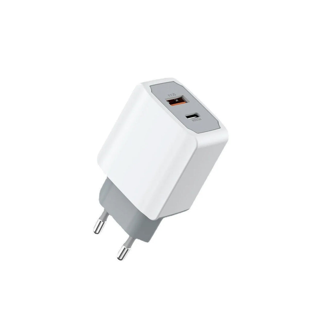 White European standard phone fast charger set with USB cable on a white background