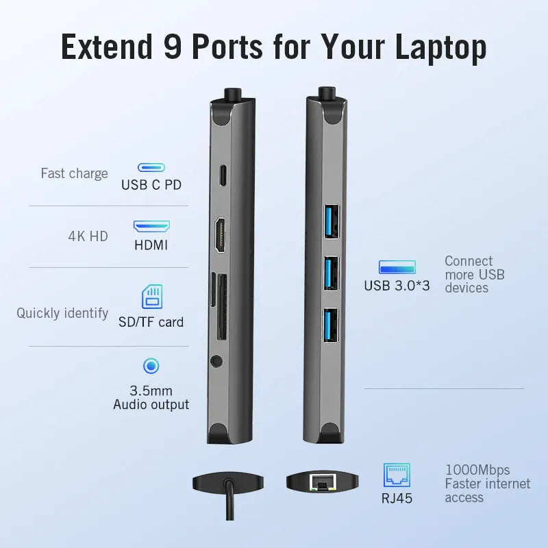 Deep grey aluminium alloy USB-C to HDMI, USB 3.0, Ethernet, and card reader hub converter with 0.15m cable.