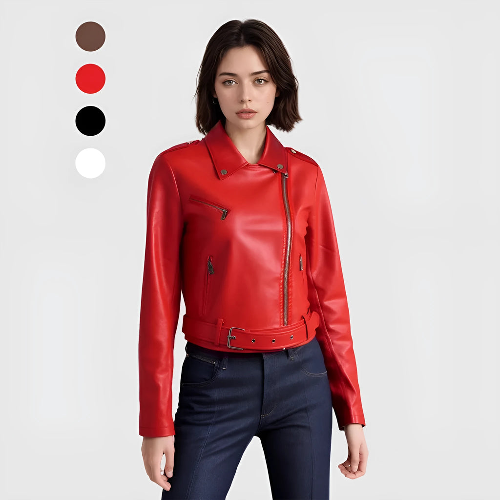 Red women's PU leather motorcycle jacket with lapel collar and front belt on a hanger.