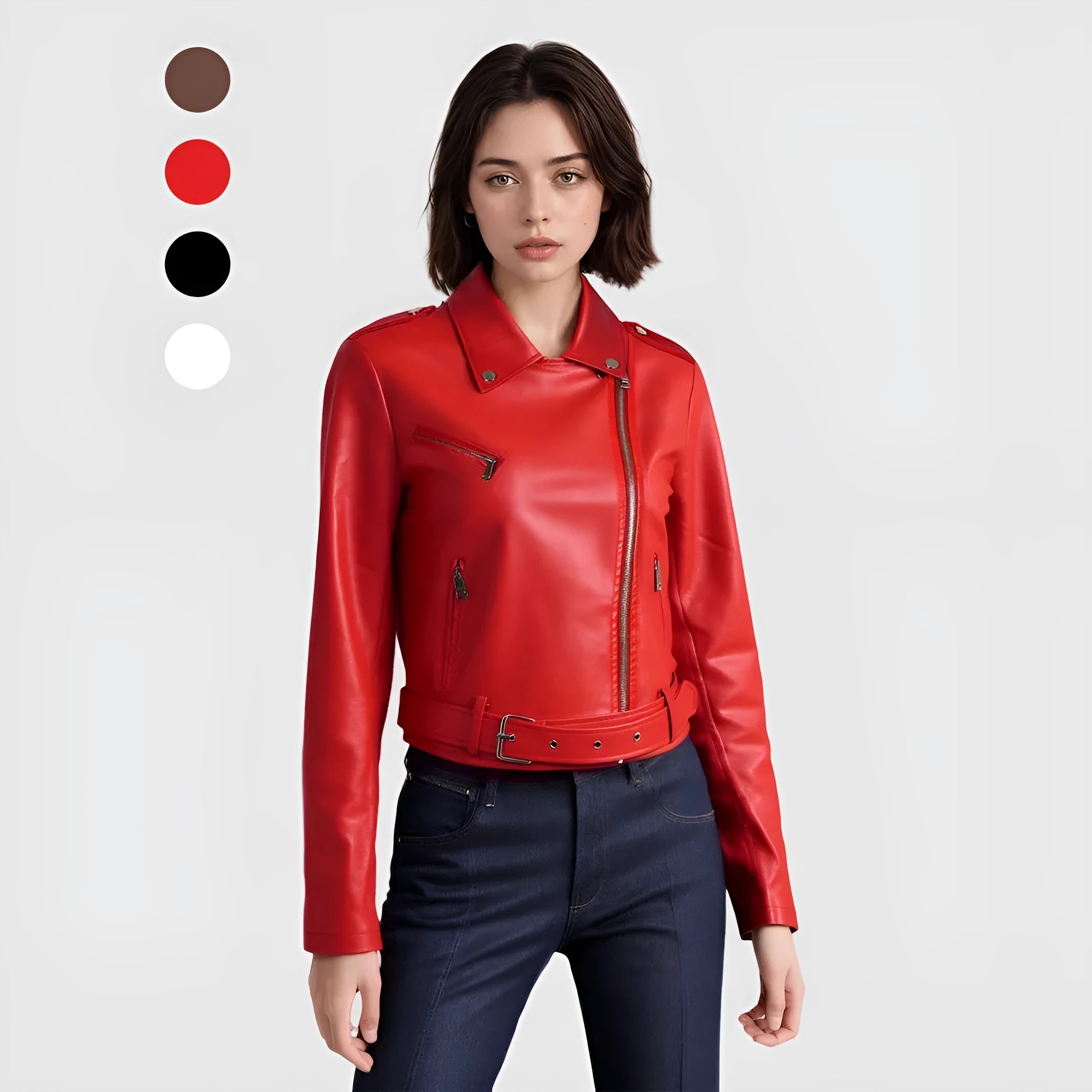 Red women's PU leather motorcycle jacket with lapel collar and front belt on a hanger.