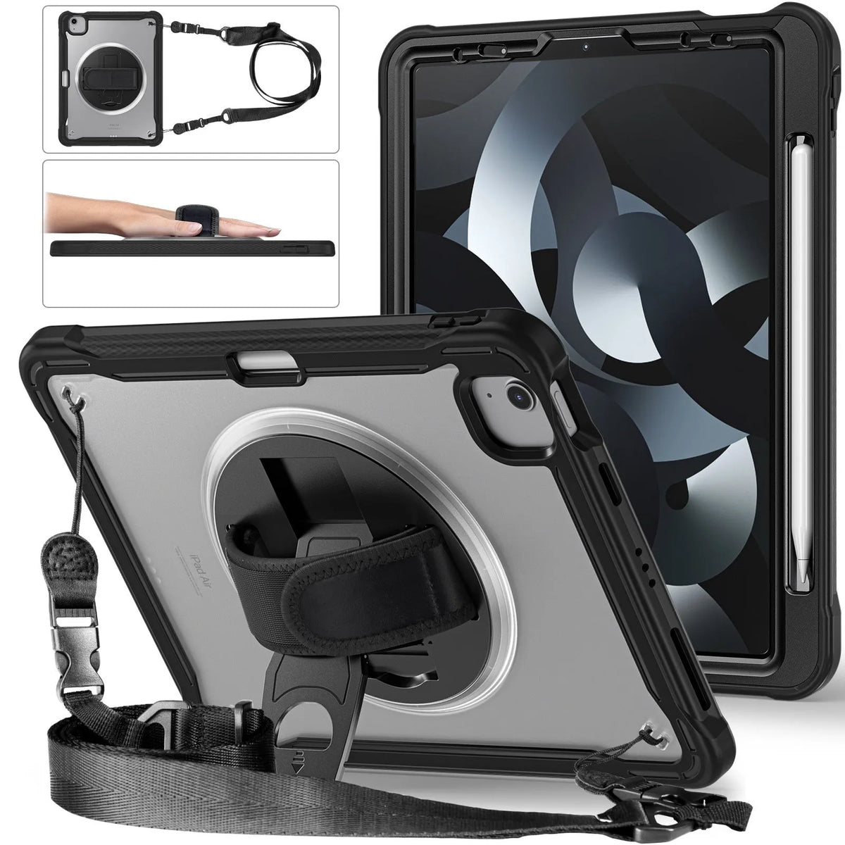 iPad Mini 6 tablet case with rotating bracket, lanyard, and bracelet in black colour