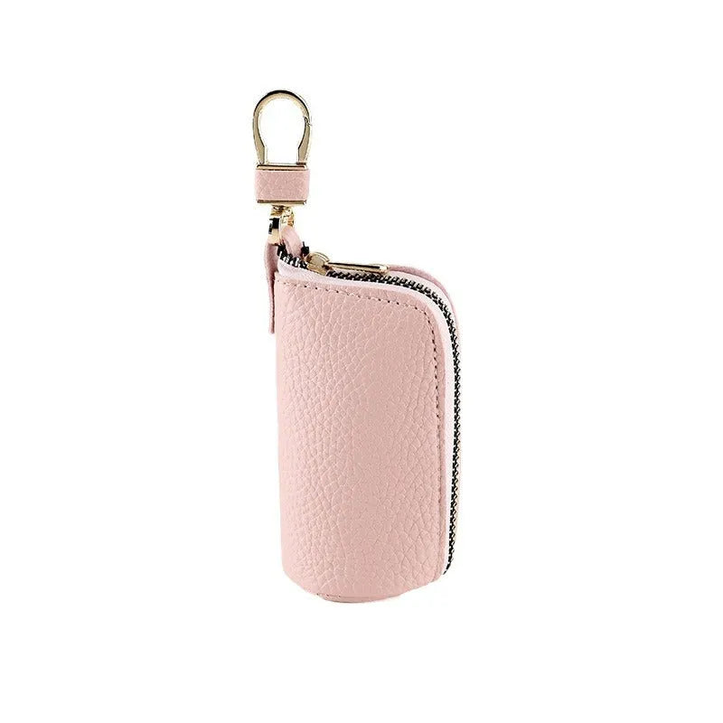 PU leather zipper key ring case in black, grey, and pink colours showing waterproof key organiser