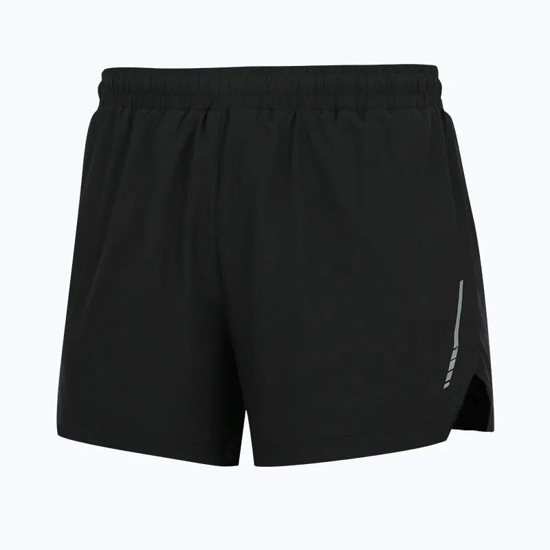 Casual grey quick-drying polyester running shorts for men and women on a size chart.