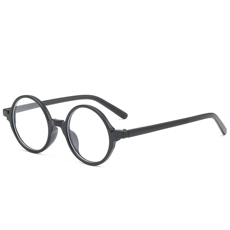 Retro round glasses frame with flat mirror lenses in bright black colour option
