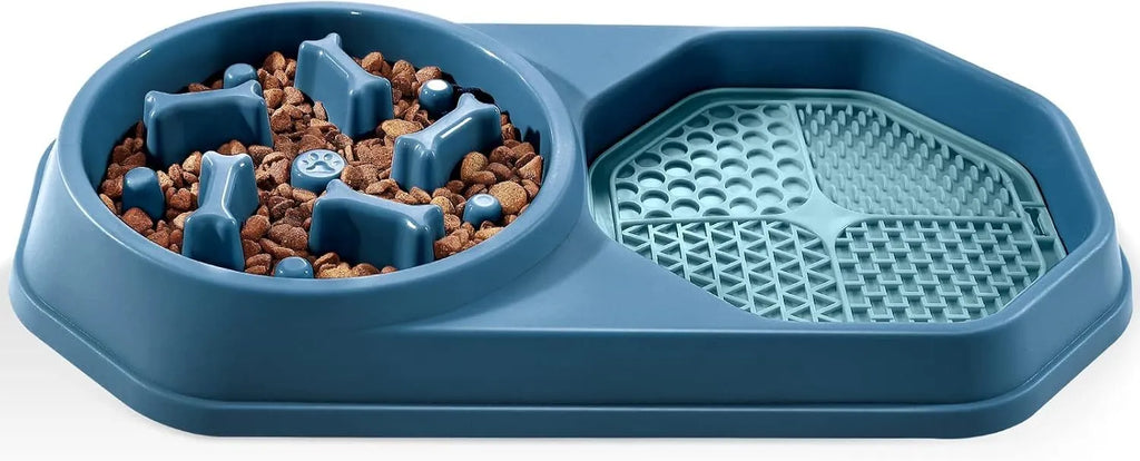 Blue green pink or yellow slow feeder puzzle dog bowl with maze pattern and non-slip base