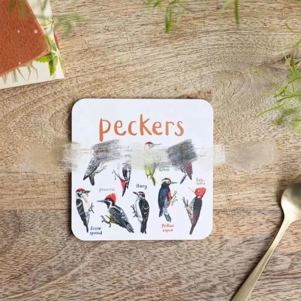 Set of 6 square bird pun coasters with PVC material, flower design, 10x10x0.35 cm each