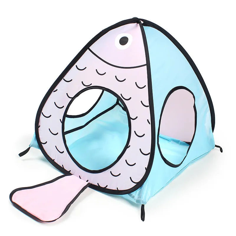 Foldable blue cat tent and tunnel pet play set with cat and fish pattern.