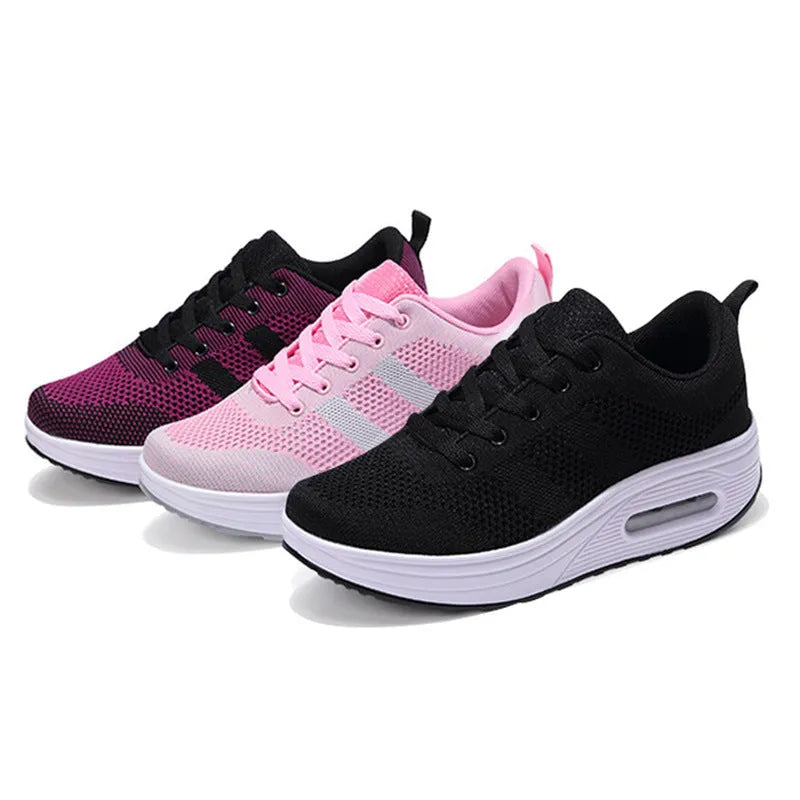 Women's air cushion platform casual shoes in multiple colours with flyknit upper and vulcanised sole