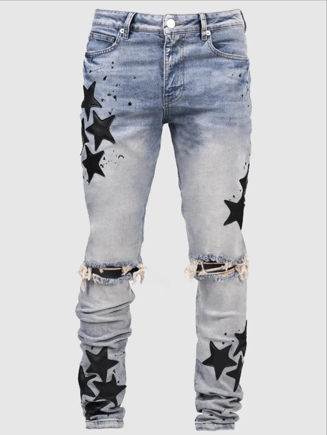 Men's slim blue jeans with embroidery detail on the leg, showing a mid-waist fit.
