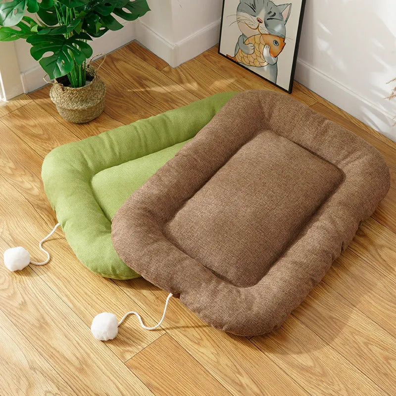 Brown Thai-style pet cooling mat shown inside a dog kennel with a small dog resting on it.