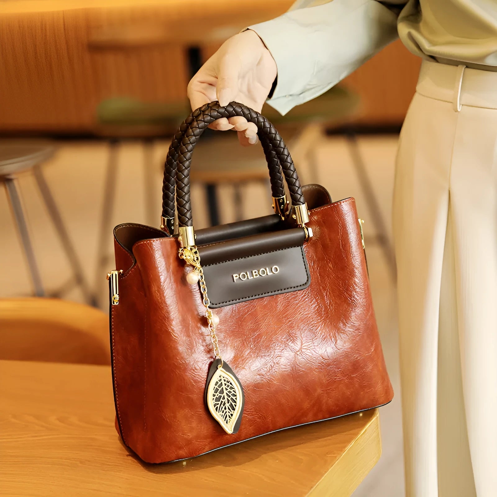 Genuine leather large-capacity tote bag for women mid-age mom style horizontal rectangular shape
