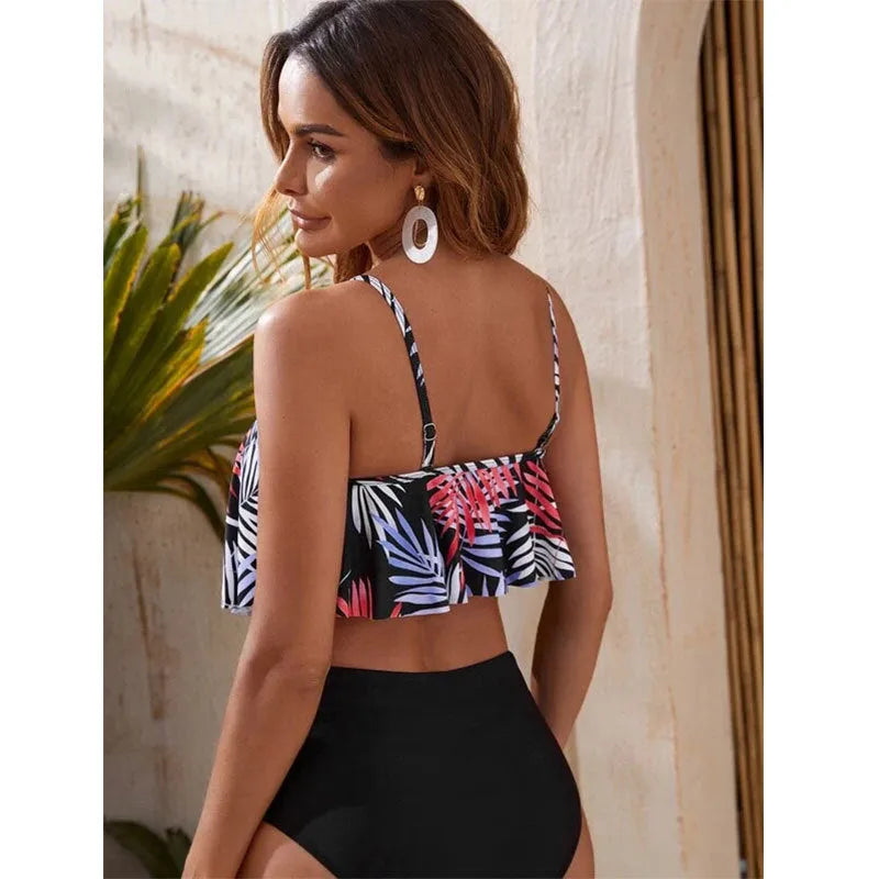 Women's floral high waist bikini swimsuit with quick-dry polyester fabric