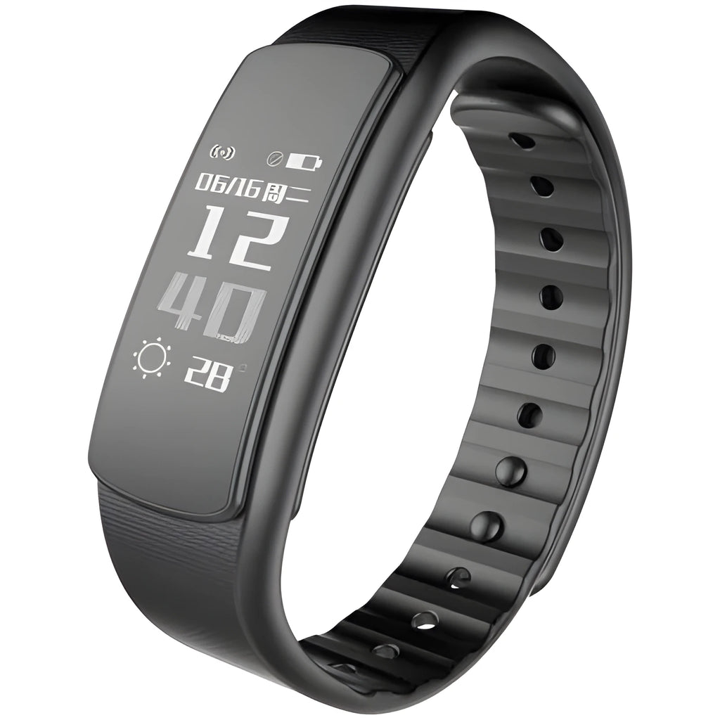I6 smart sports bracelet with 0.96-inch touch screen shown in black or green colours on wrist