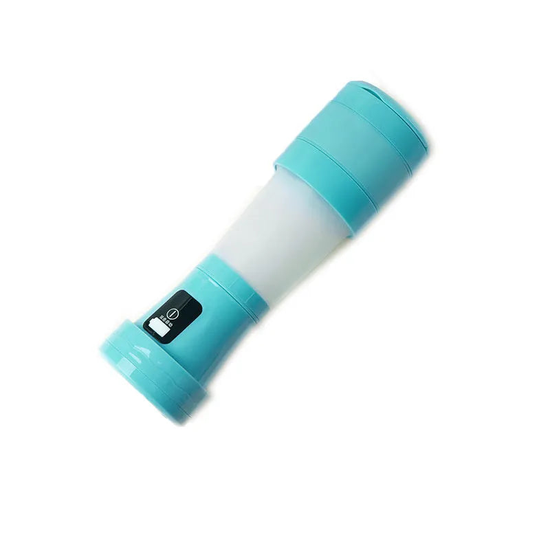 Blue portable blender with USB charging cable, shown folded and extended next to fruits.