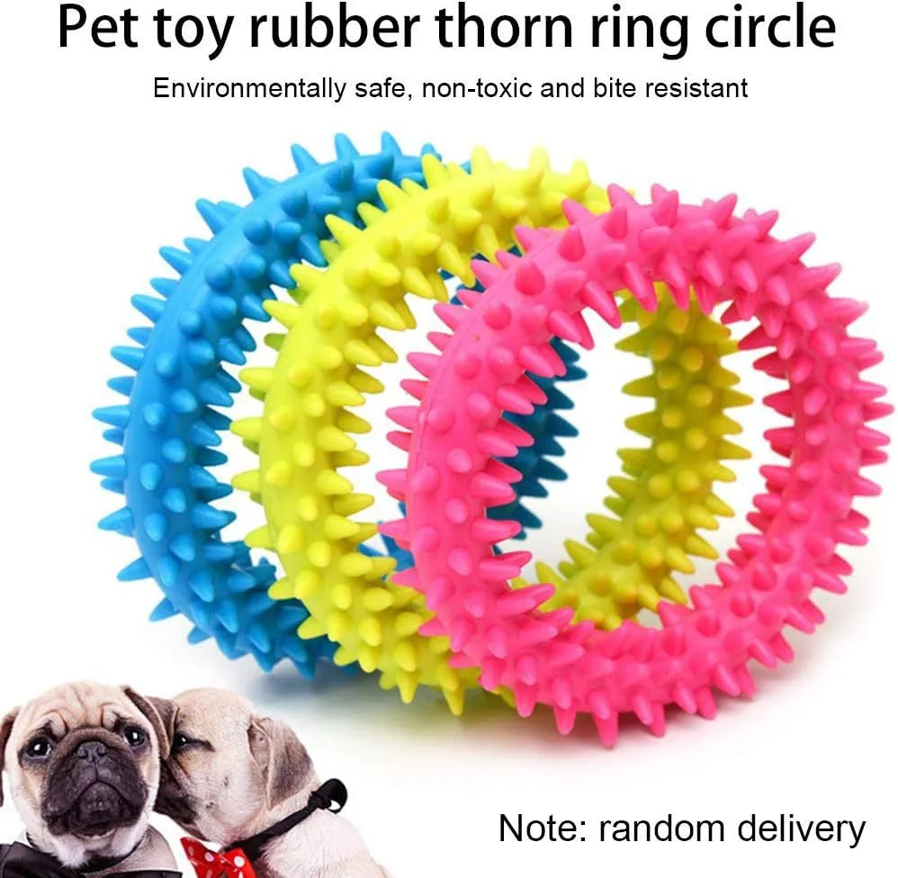 Blue TPR spiky circle ring dog chew toy for dental health and bite training.