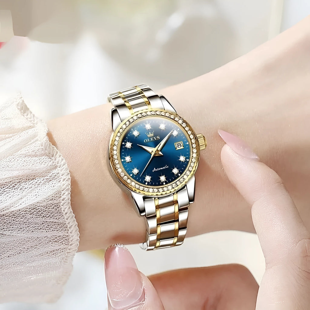 Women's waterproof mechanical watch with alloy case 12mm thickness full gold colour