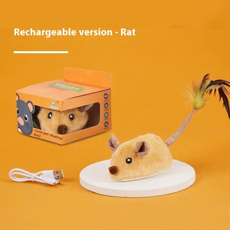 Grey and yellow plush mouse cat toys with remote control unit and charging cable