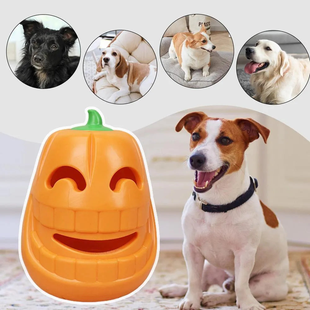 Yellow pumpkin-shaped TPR dog chew toy measuring 8.6x11.5cm